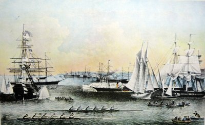 Ilustración de Currier & Ives del Siglo XIX. Escenas de Verano de Barcos en el Puerto de Nueva York de N. and Ives, J.M. Currier